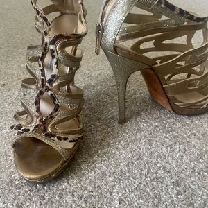 Jimmy Choo Gold and Brown High Heeled Sandals